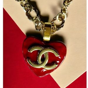 Vintage Designer Up-Cycled Red Heart Button Necklace Chanel
